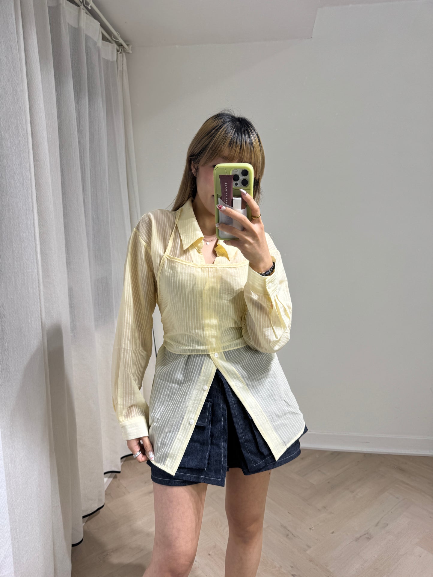 透薄條子恤衫套裝 ( 白/黃/藍 )
