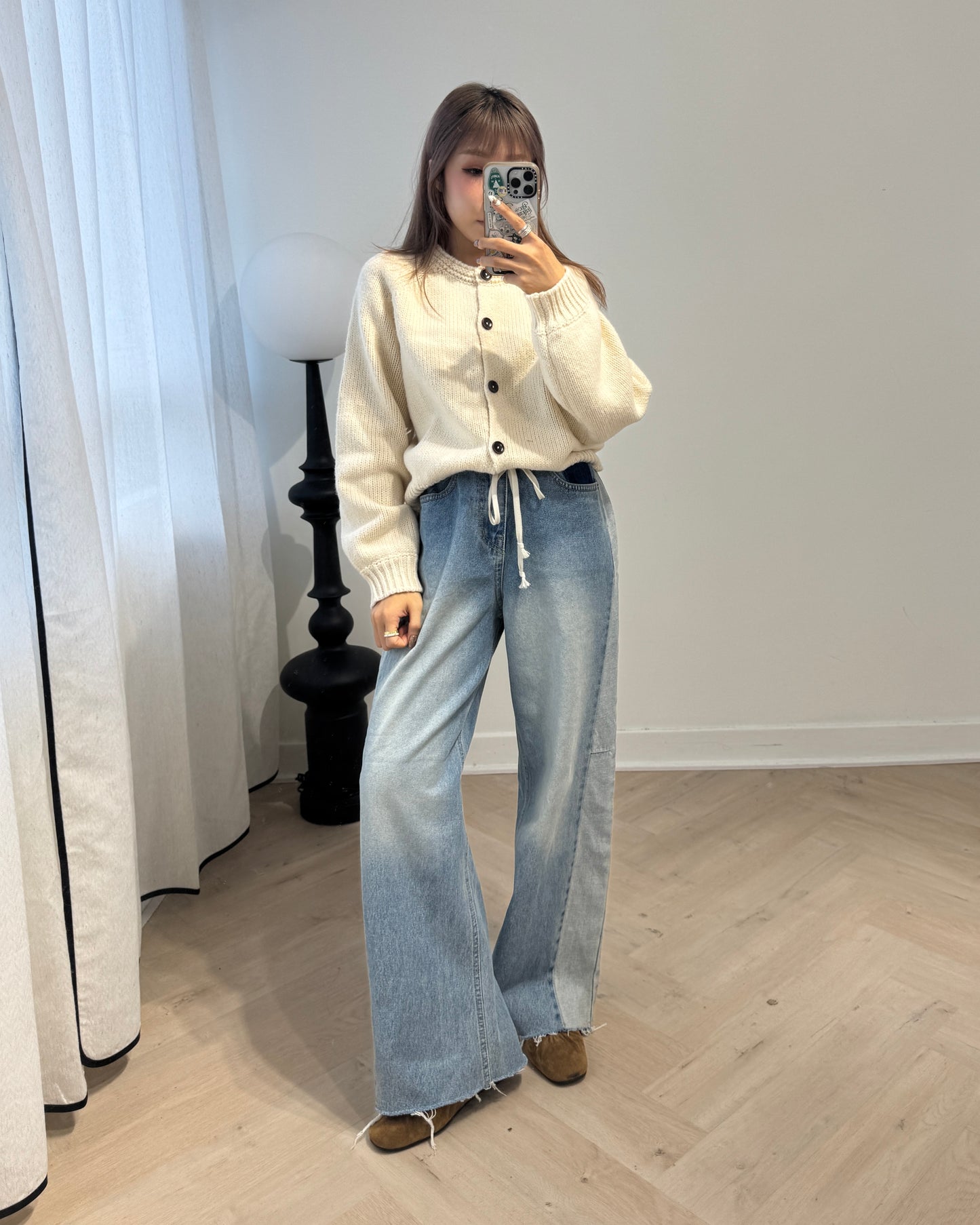 連冷帽鈕扣冷外套套裝 ( 灰/米白/黑 )