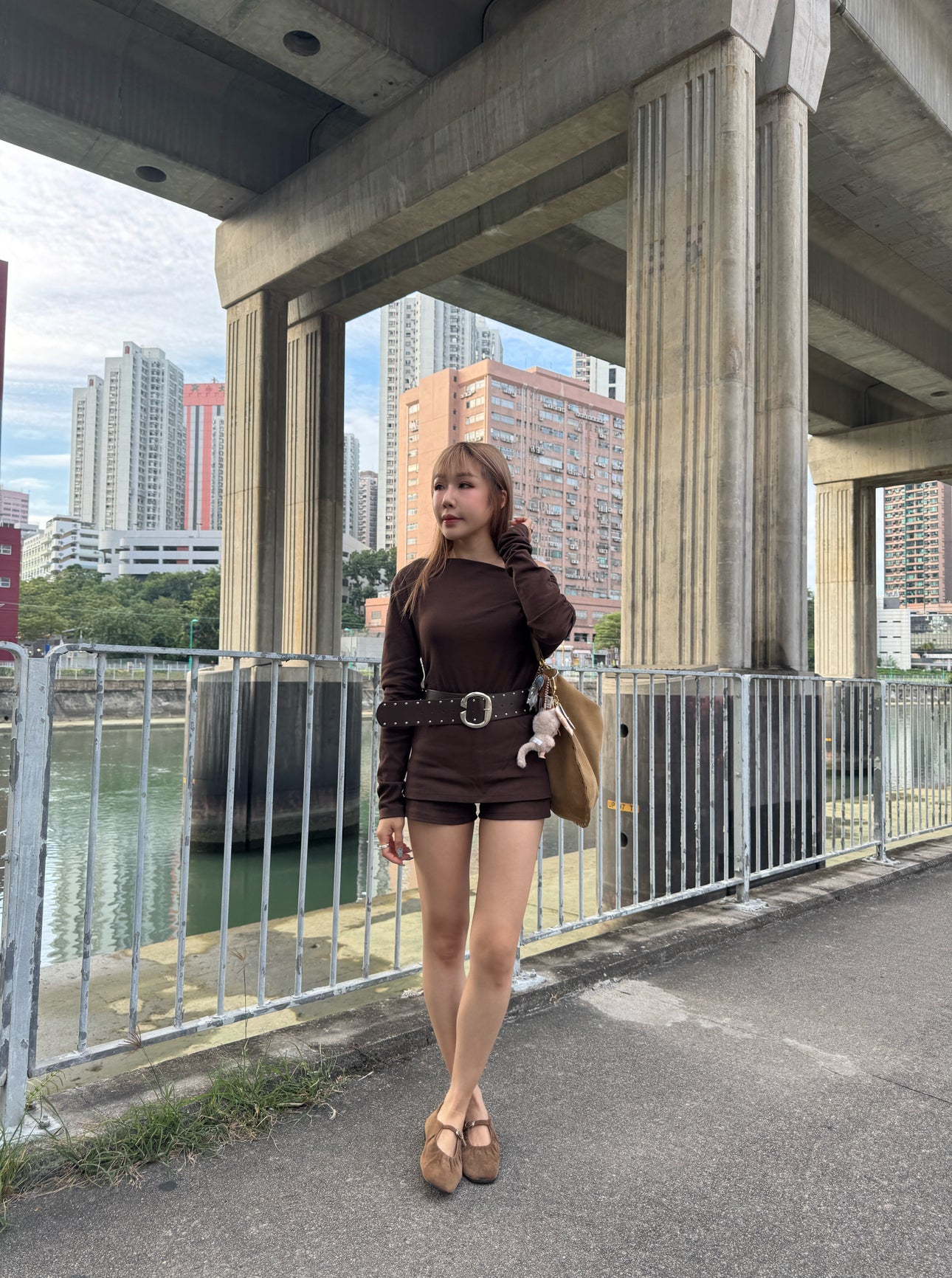 連皮帶棉質上衣 + 裙褲套裝 ( 黑/深啡 )