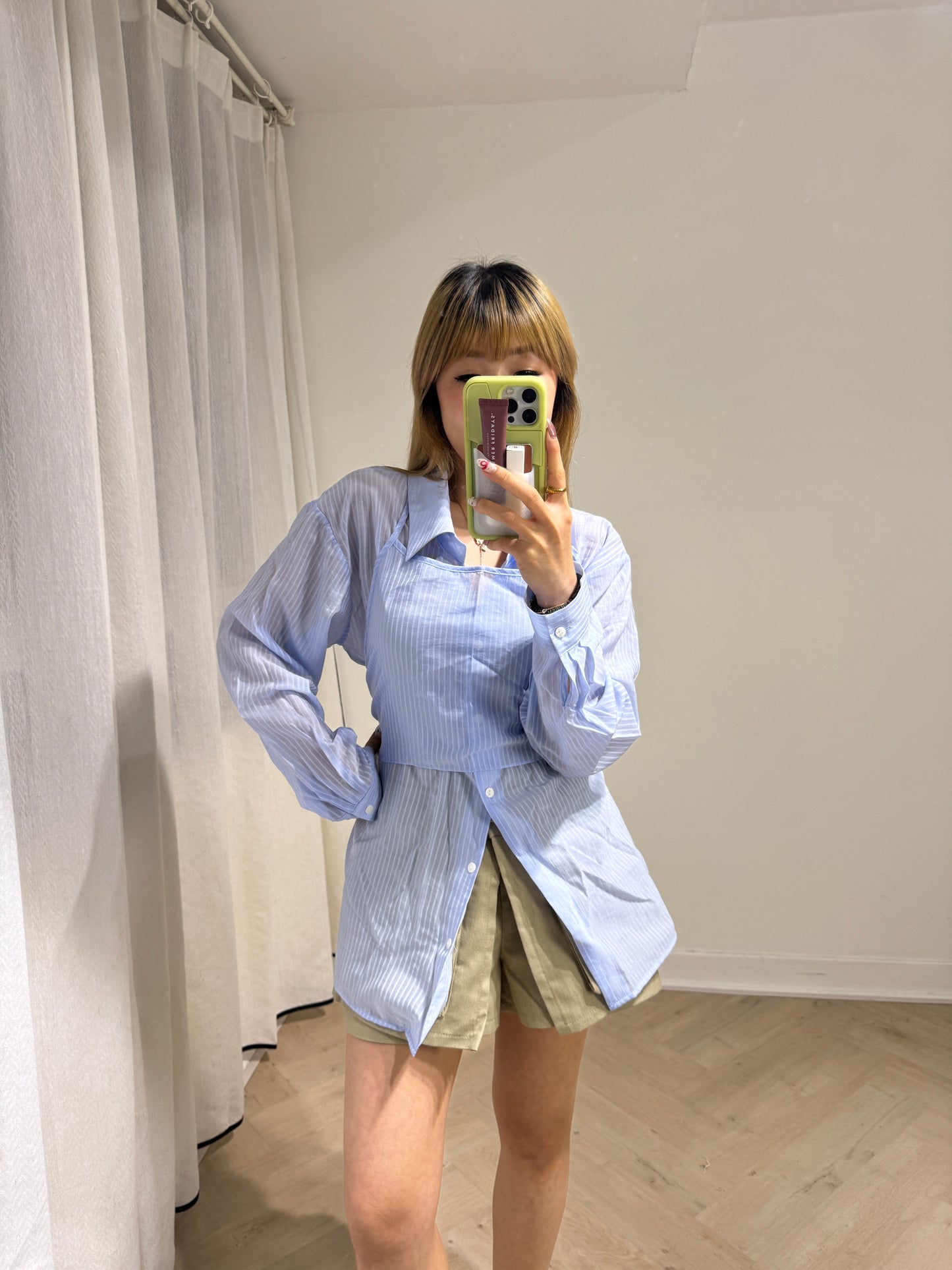 透薄條子恤衫套裝 ( 白/黃/藍 )