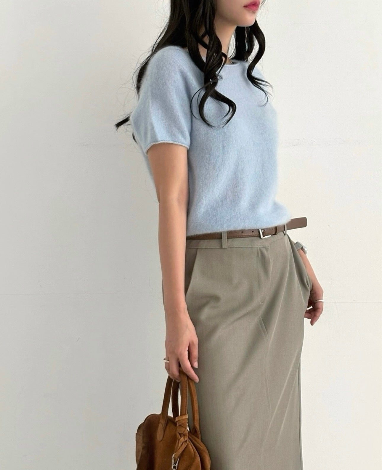 羊毛親膚短袖線上衣 ( 灰/白/粉/黃/藍 )