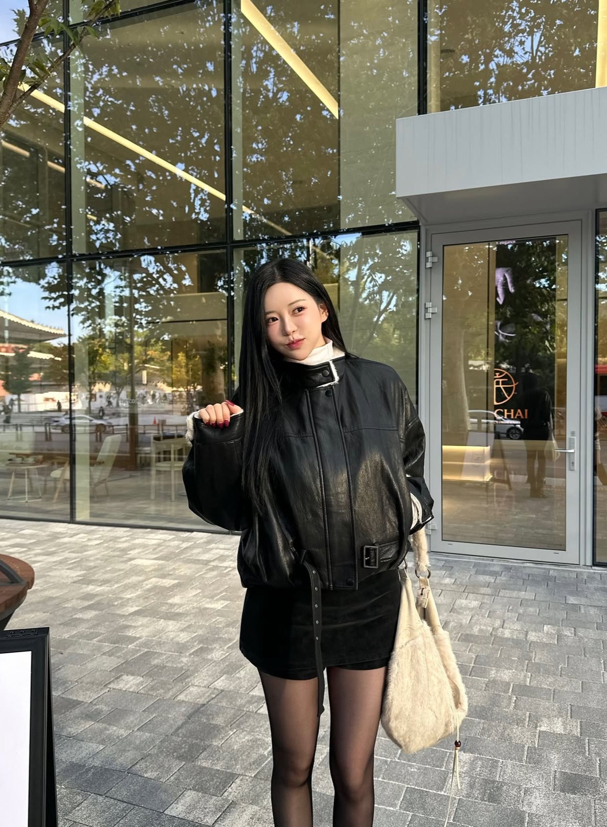 仿皮毛毛BIKER外套 ( 黑/深啡 )