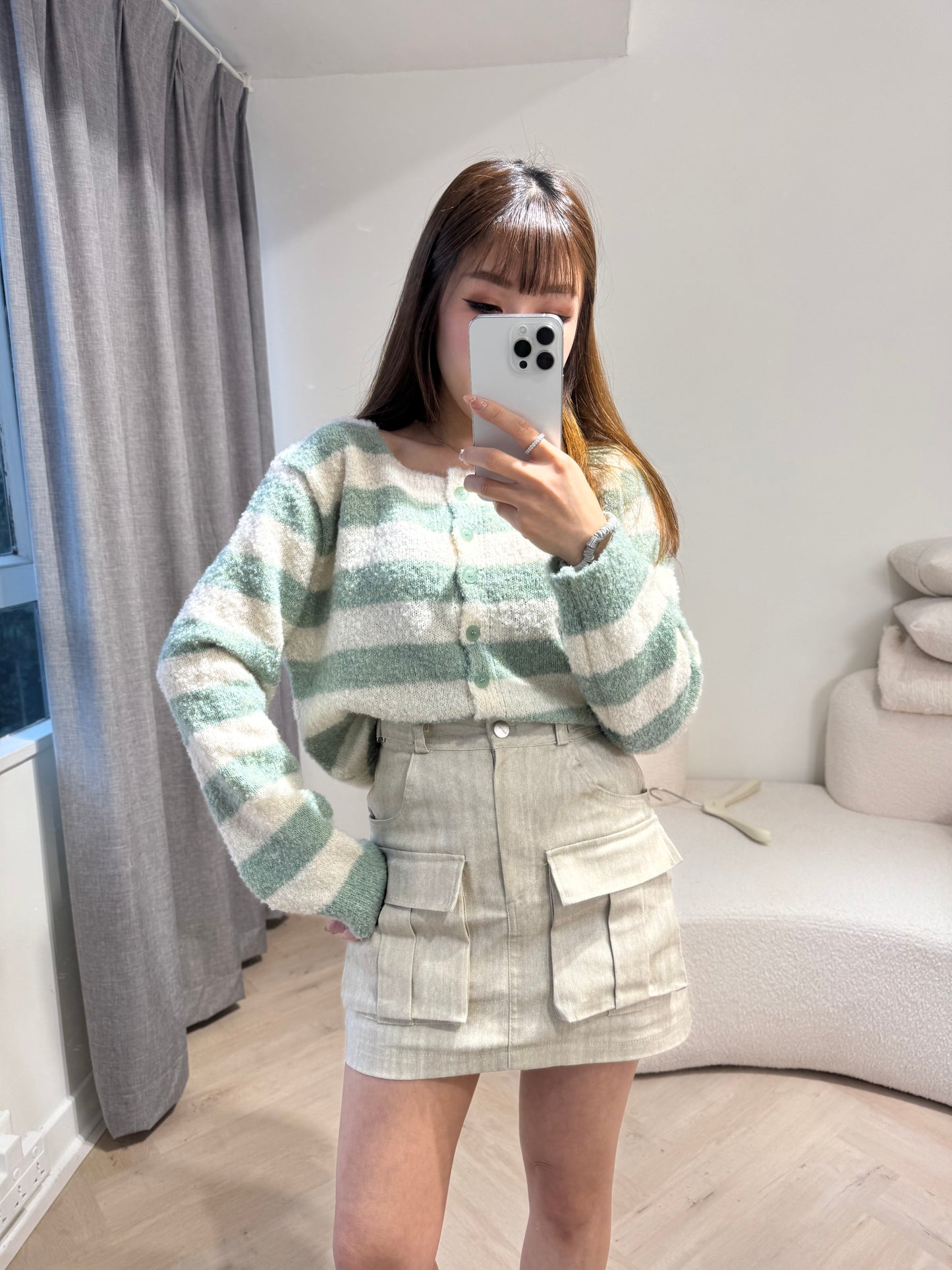 雙扣有口袋短裙褲 ( 米/藍 )