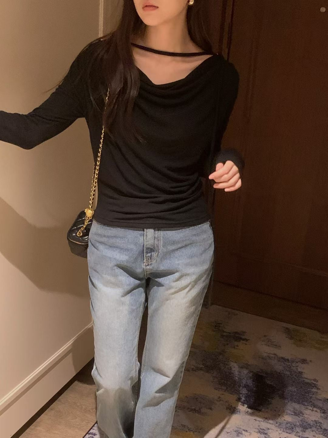 垂領幼繩彈性上衣 ( 黑/白/粉/深灰 )