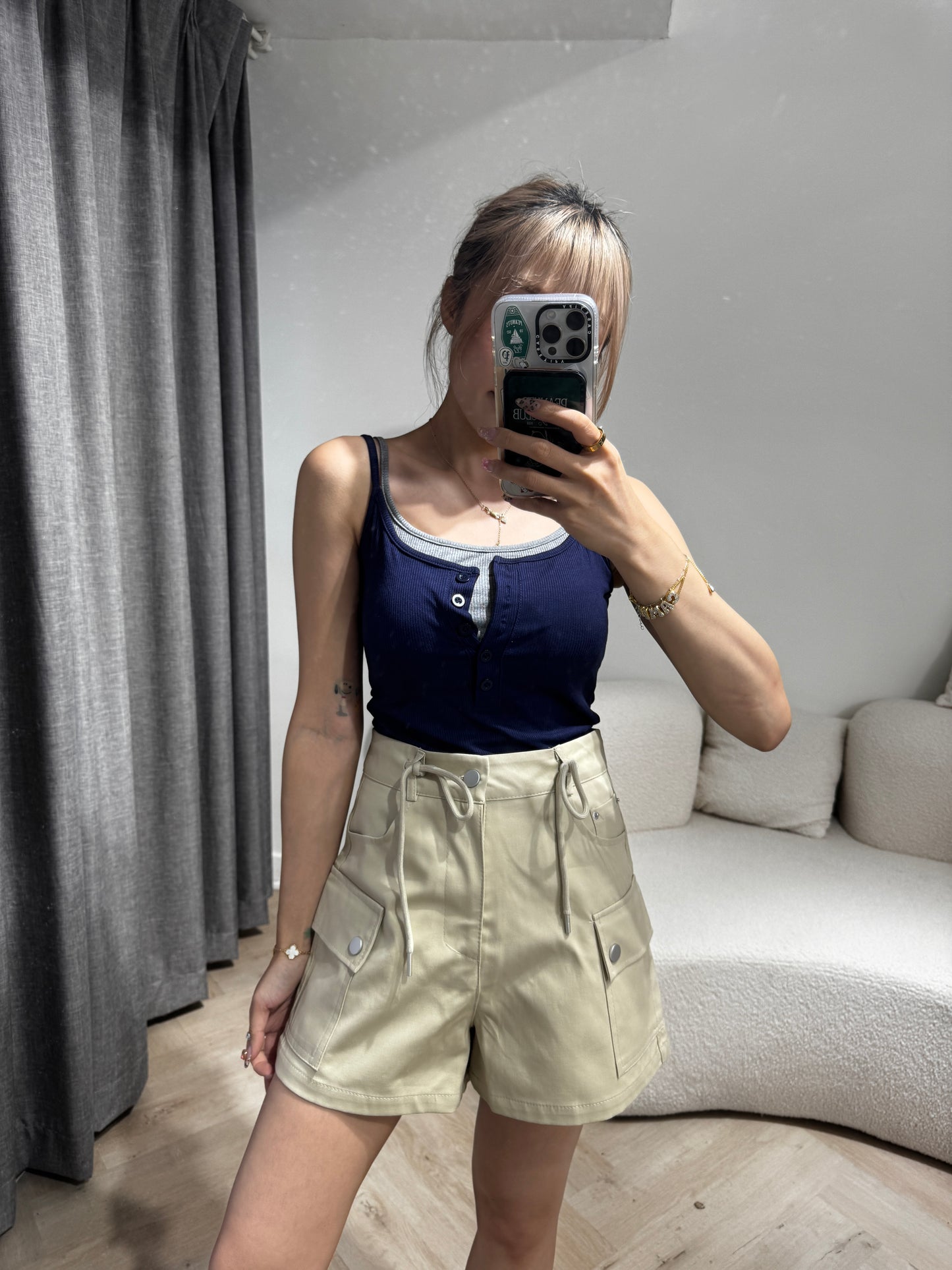 索繩口袋短褲 ( 白/杏 )