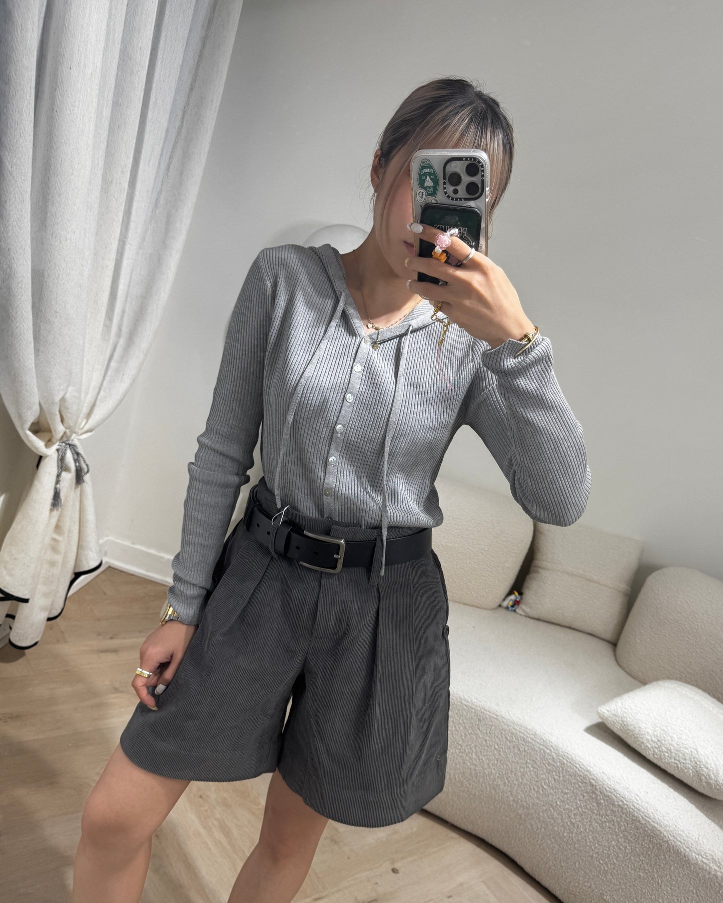 燈芯絨可反摺短褲 ( 米杏/深灰 )