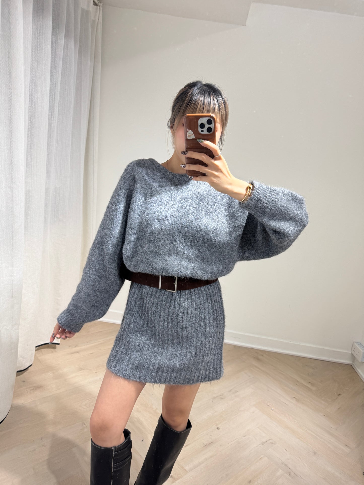 連皮帶冷線連衣裙 ( 灰/米白/啡 )