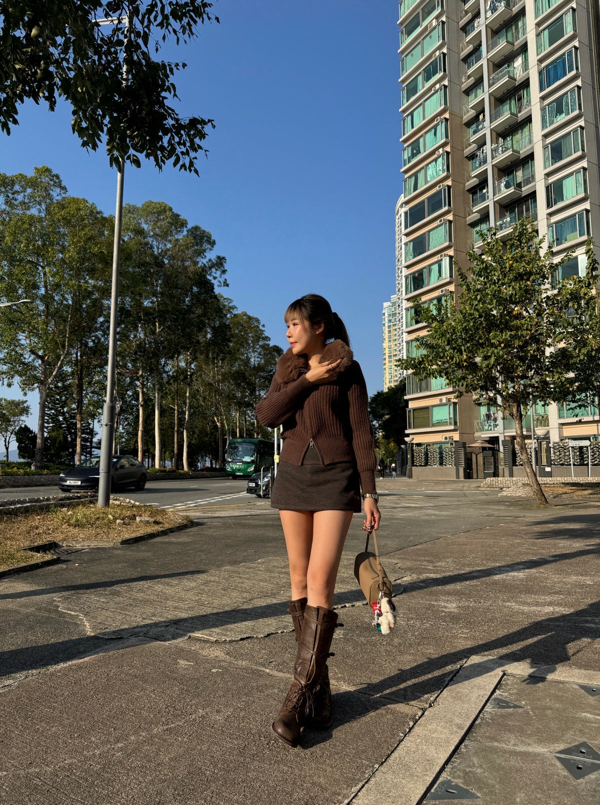 滑毛毛領拉鍊外套 ( 杏/灰/啡 )