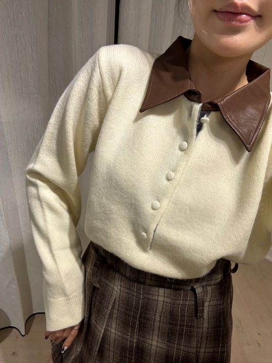 皮領併色線料上衣 ( 米/灰 )