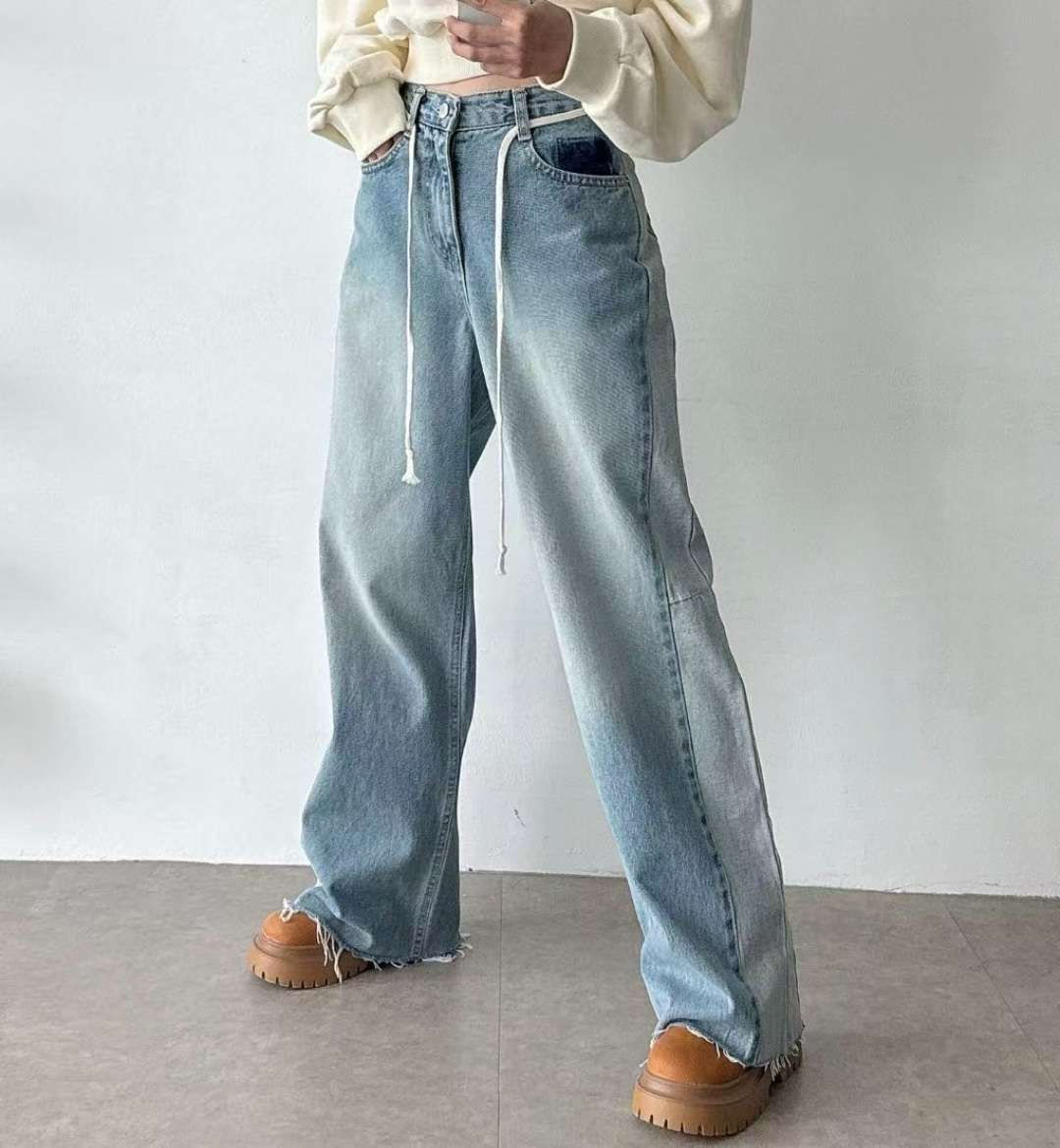 深淺併色直腳寬鬆白繩牛仔褲 ( S/M/L )