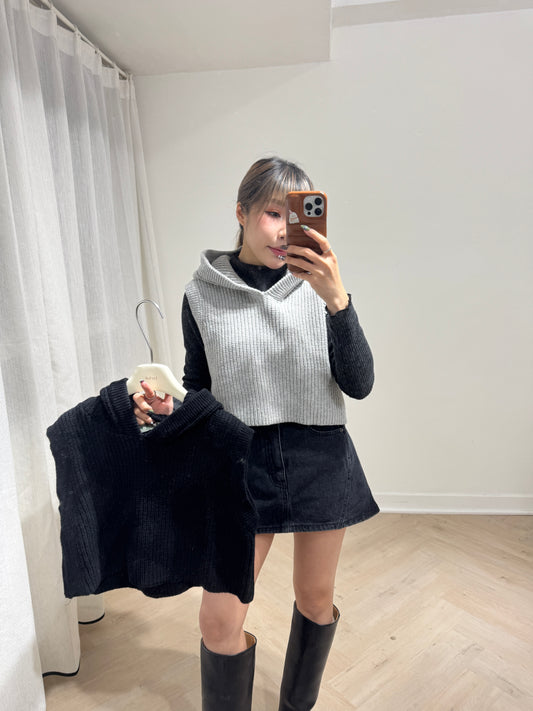 有帽冷線背心上衣 ( 黑/灰 )