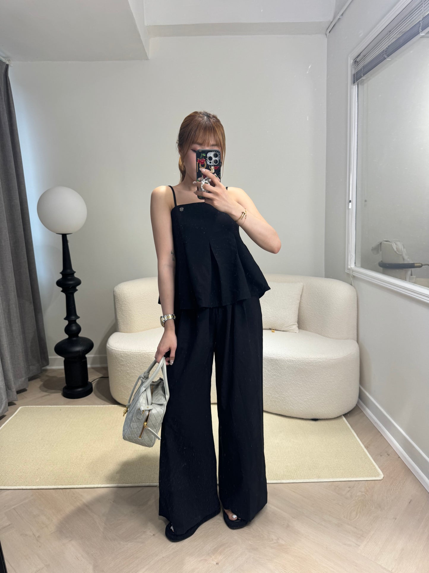 挺棉麻背心長褲套裝 ( 黑/米白 )