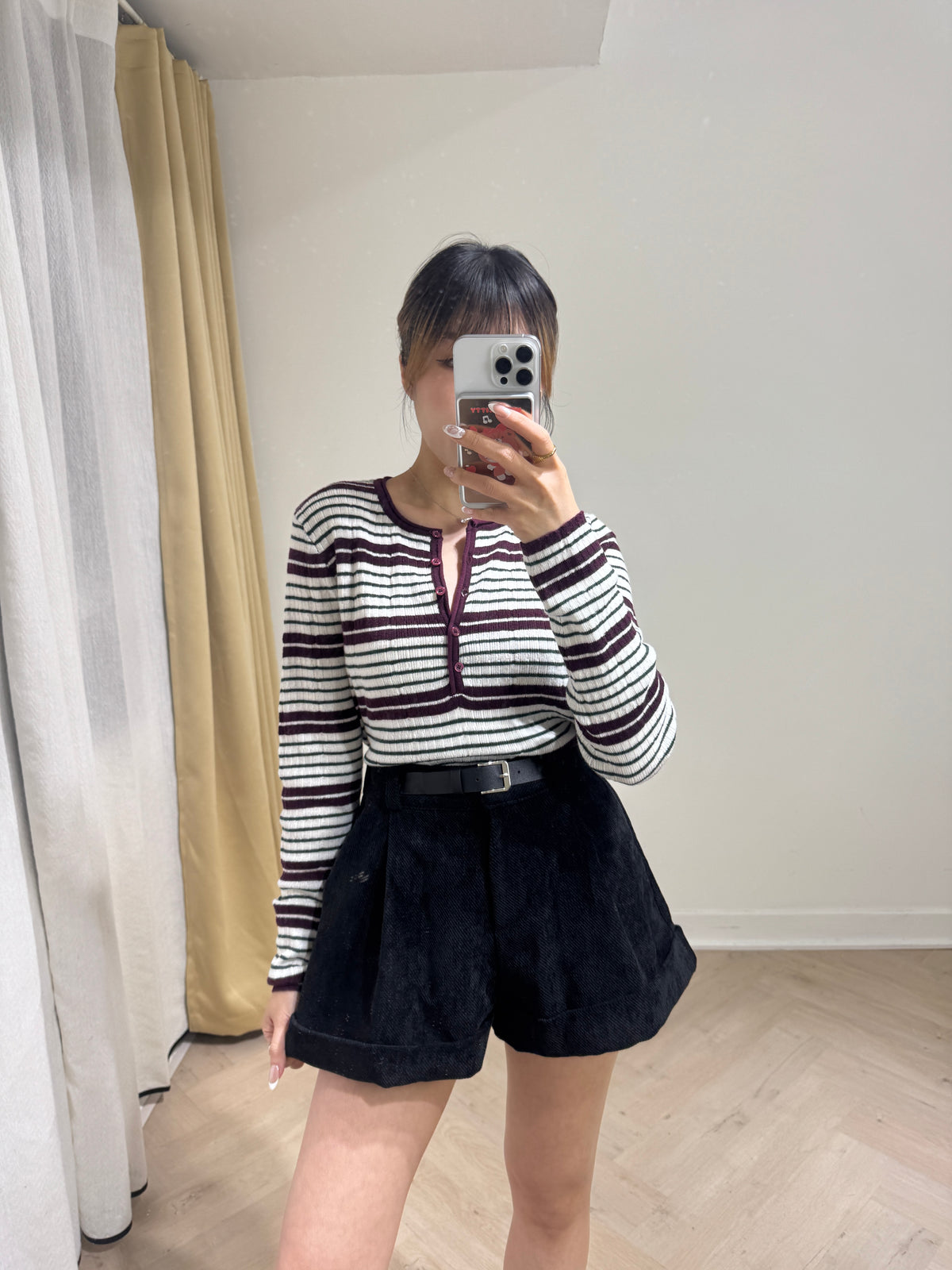 併色間條開鈕線料上衣 ( 啡/酒紅/深藍 )