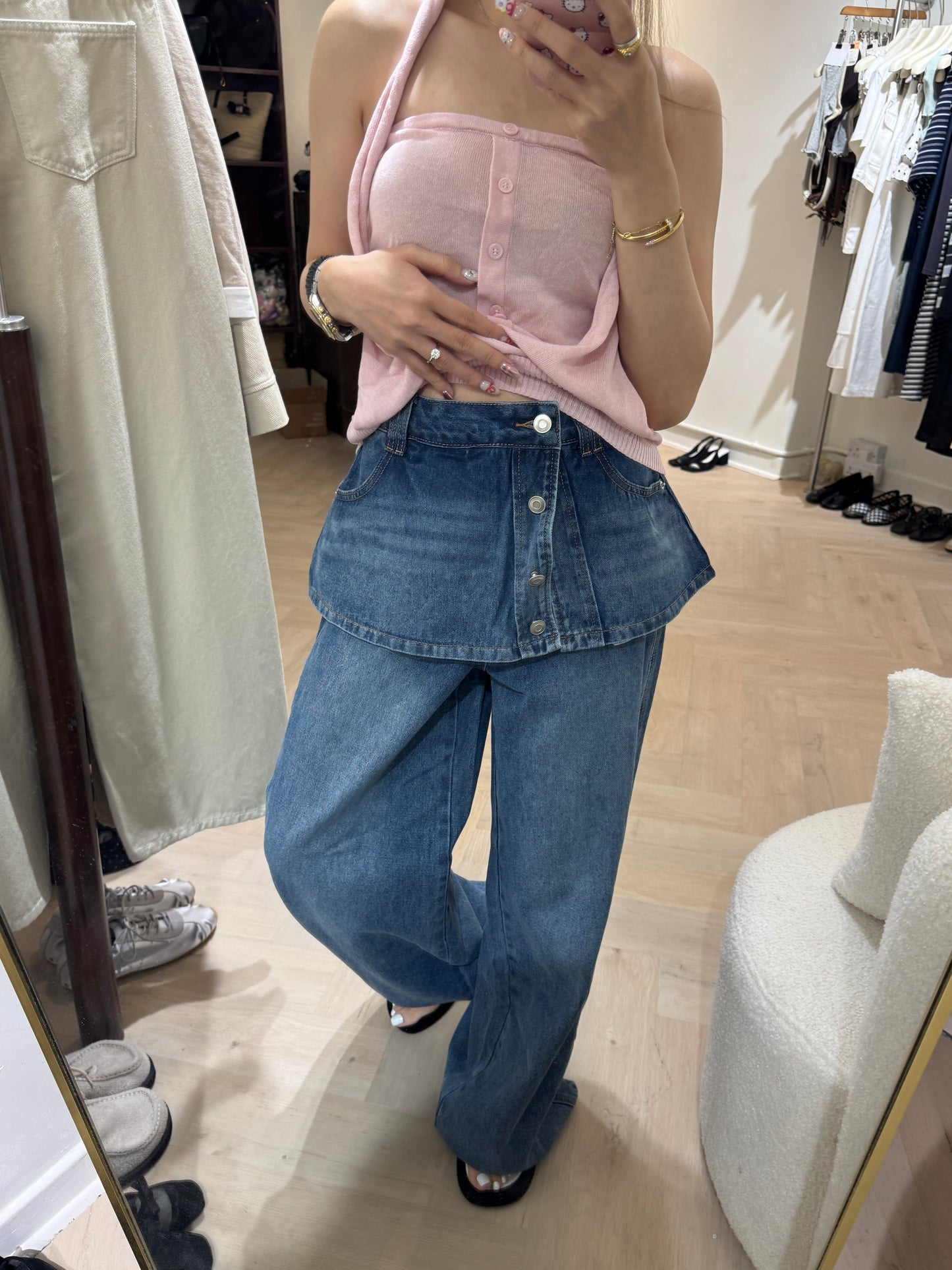 開叉排鈕圍布牛仔褲( S/M/L )