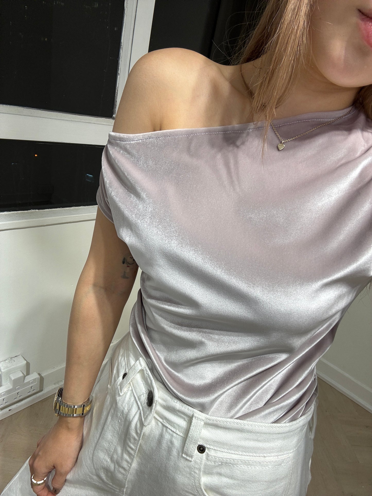 絲絨斜膊上衣 ( 粉/黑 )