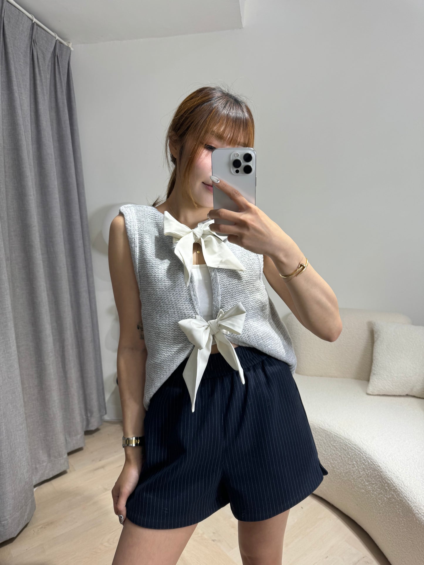 綁蝴蝶背心冷外套 ( 寶藍/灰 )