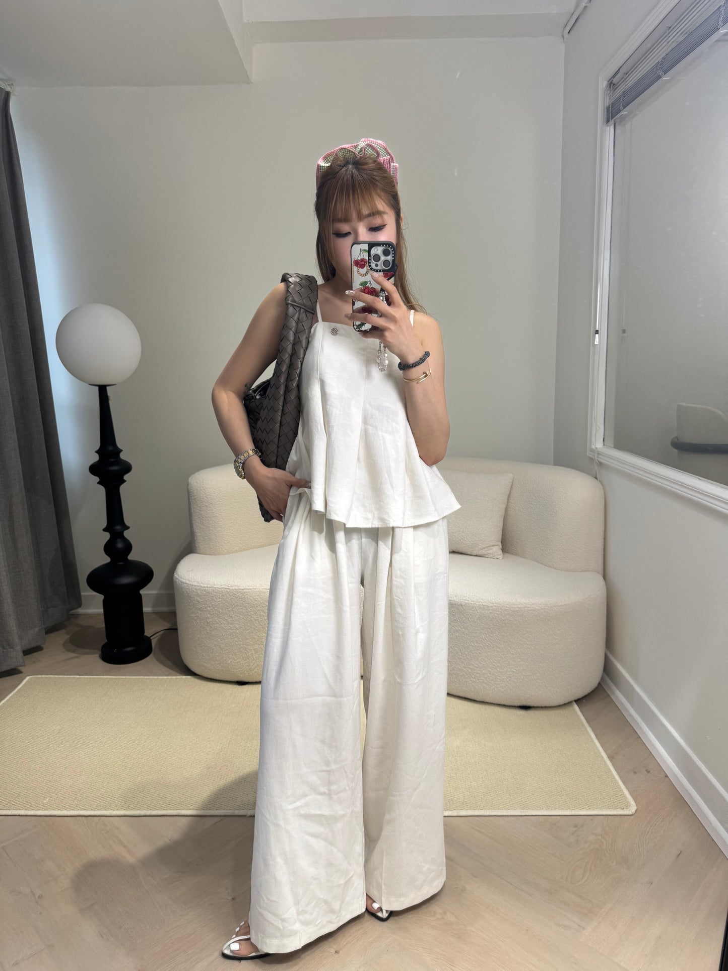 挺棉麻背心長褲套裝 ( 黑/米白 )