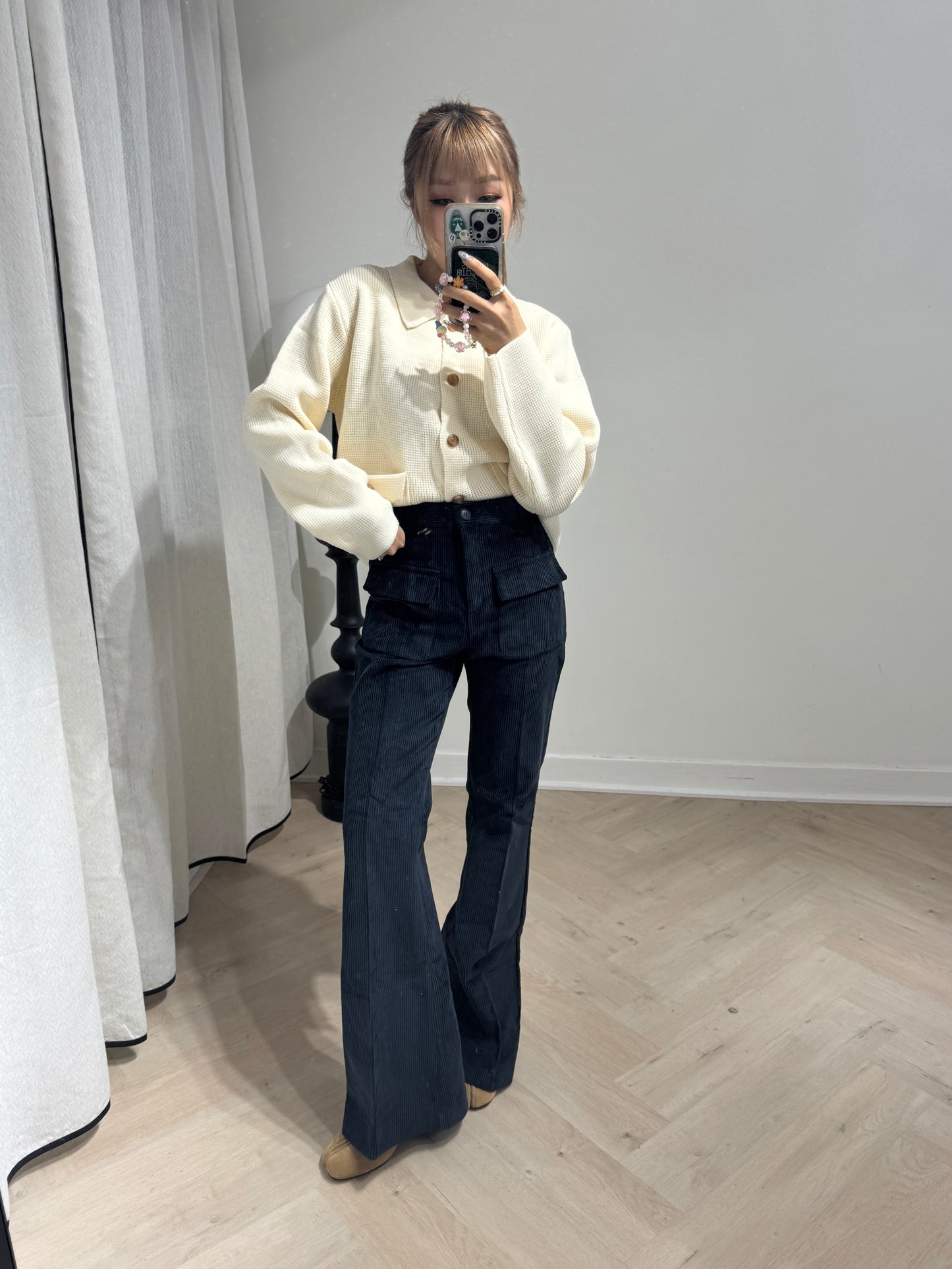 雙口袋燈芯絨喇叭長褲 ( 寶藍/杏 )