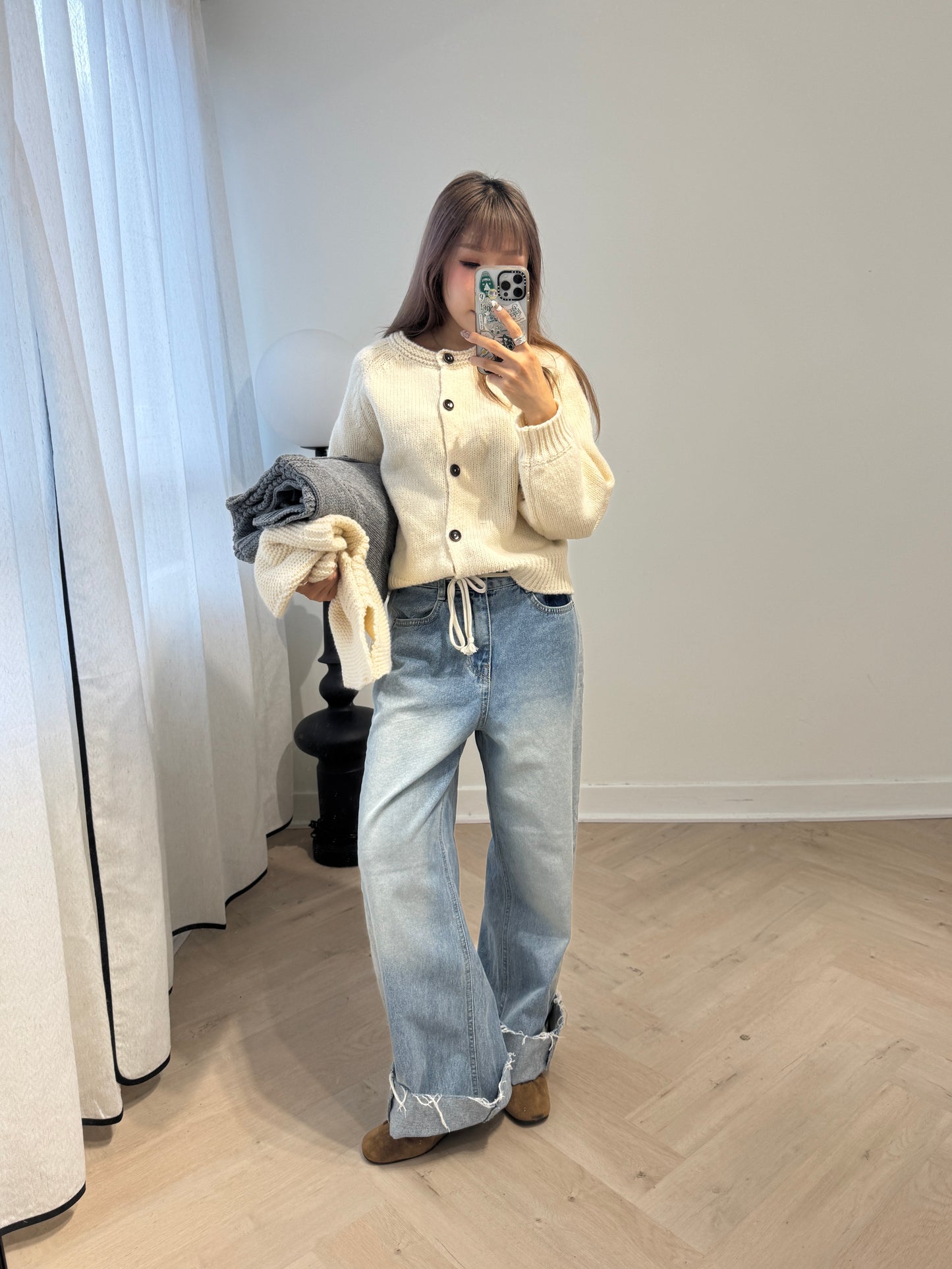 深淺併色直腳寬鬆白繩牛仔褲 ( S/M/L )