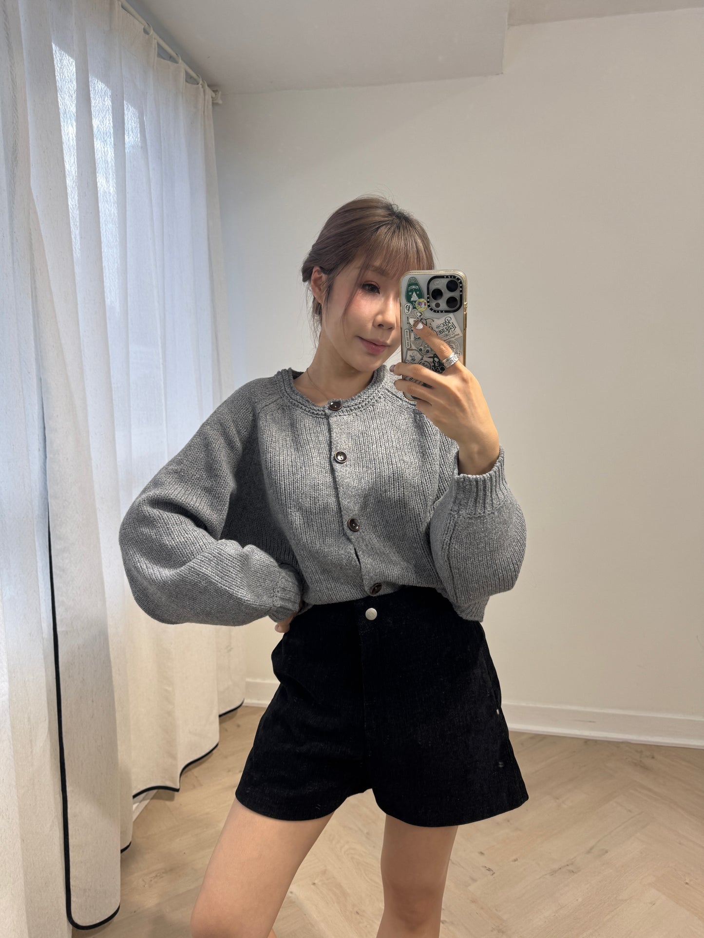 連冷帽鈕扣冷外套套裝 ( 灰/米白/黑 )