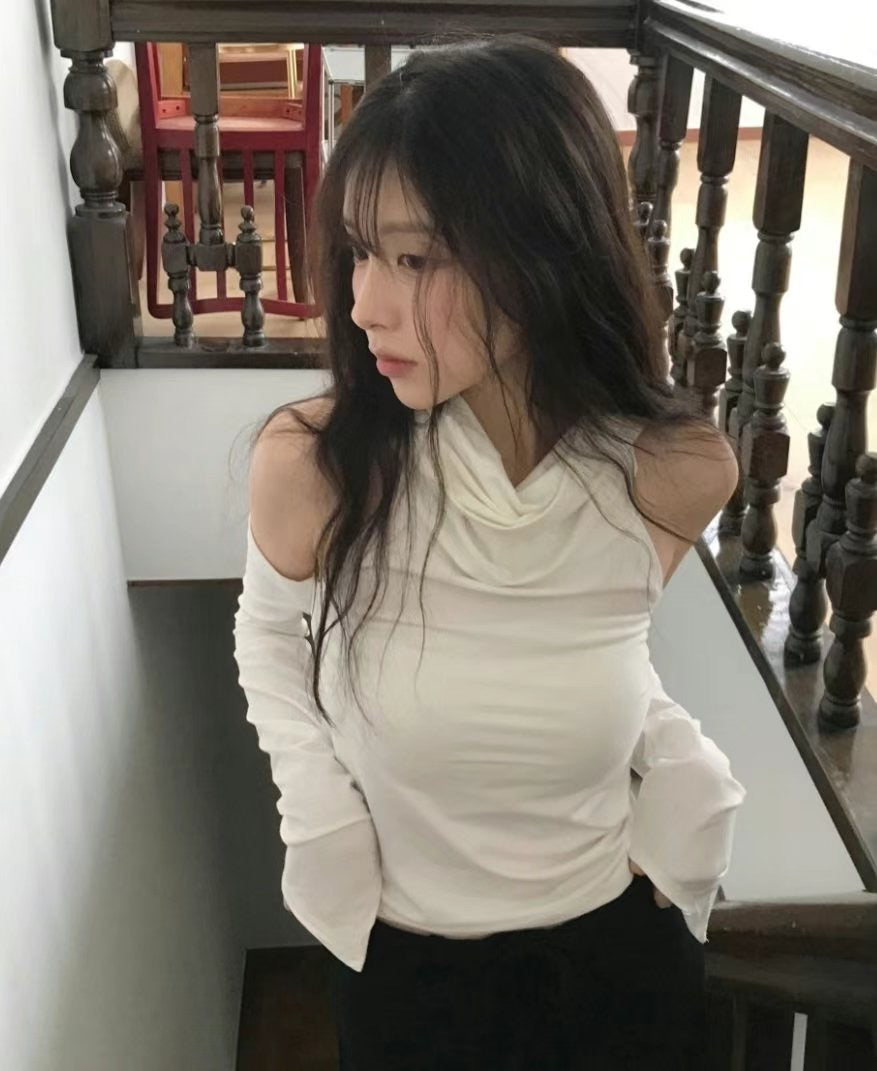 堆領露肩上衣 ( 白/黑/杏 )