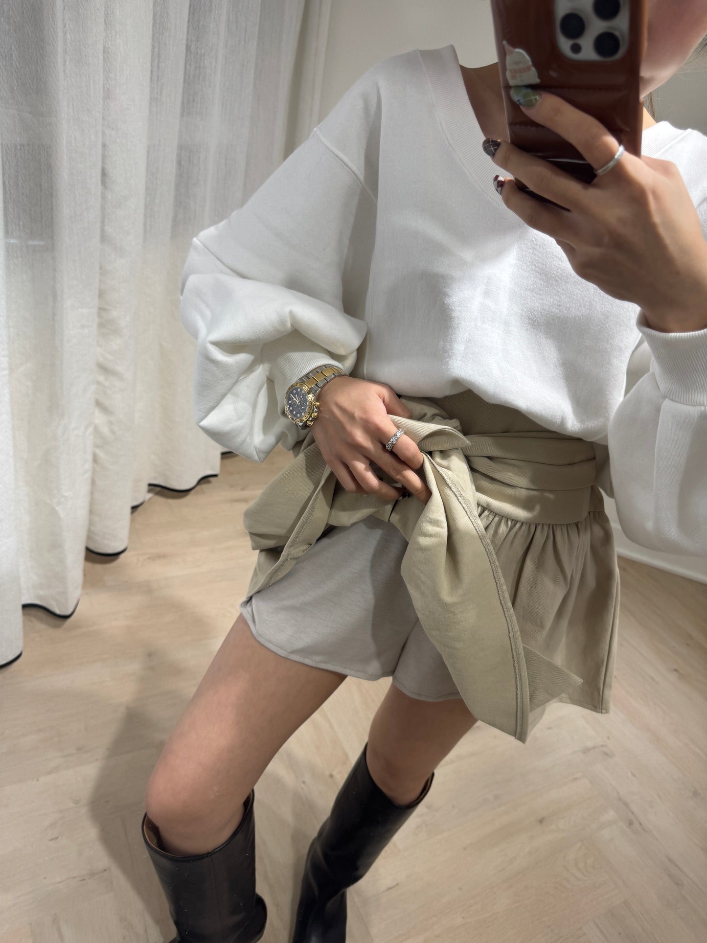 綁結傘形短裙 ( 黑/杏 )