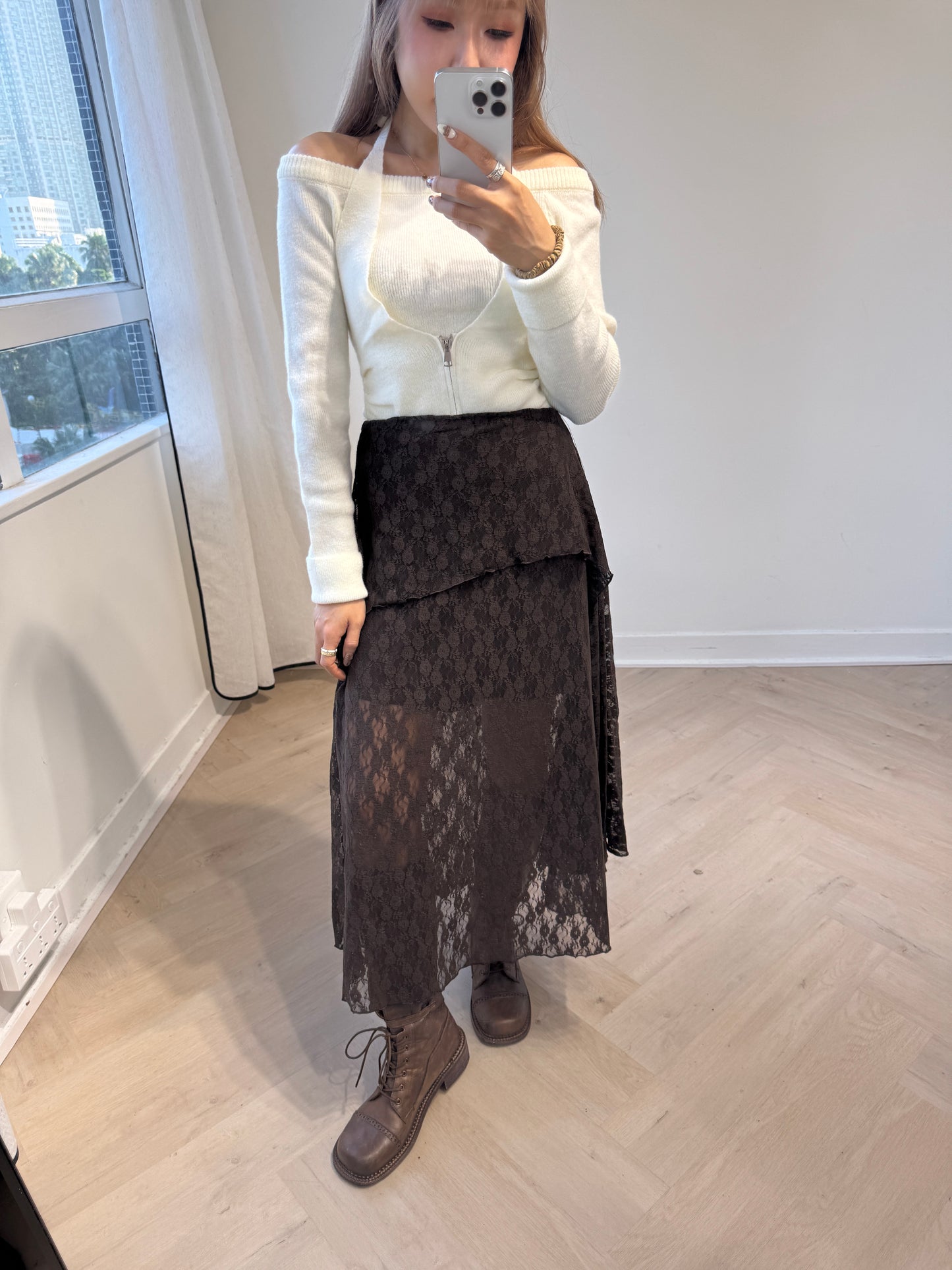 LACE層次開叉長裙 ( 黑/白/啡 )