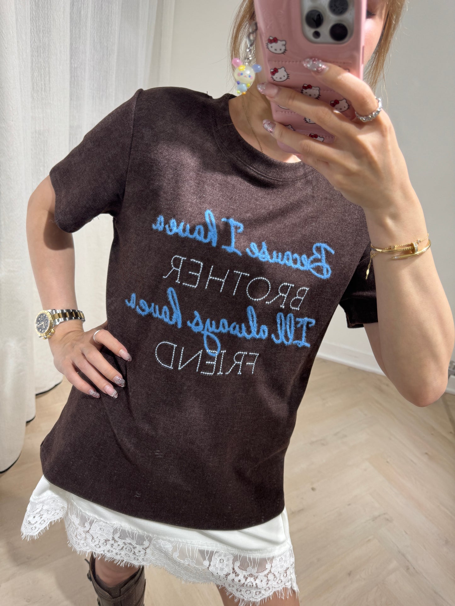 虛線刺繡棉TEE ( 啡/白 )