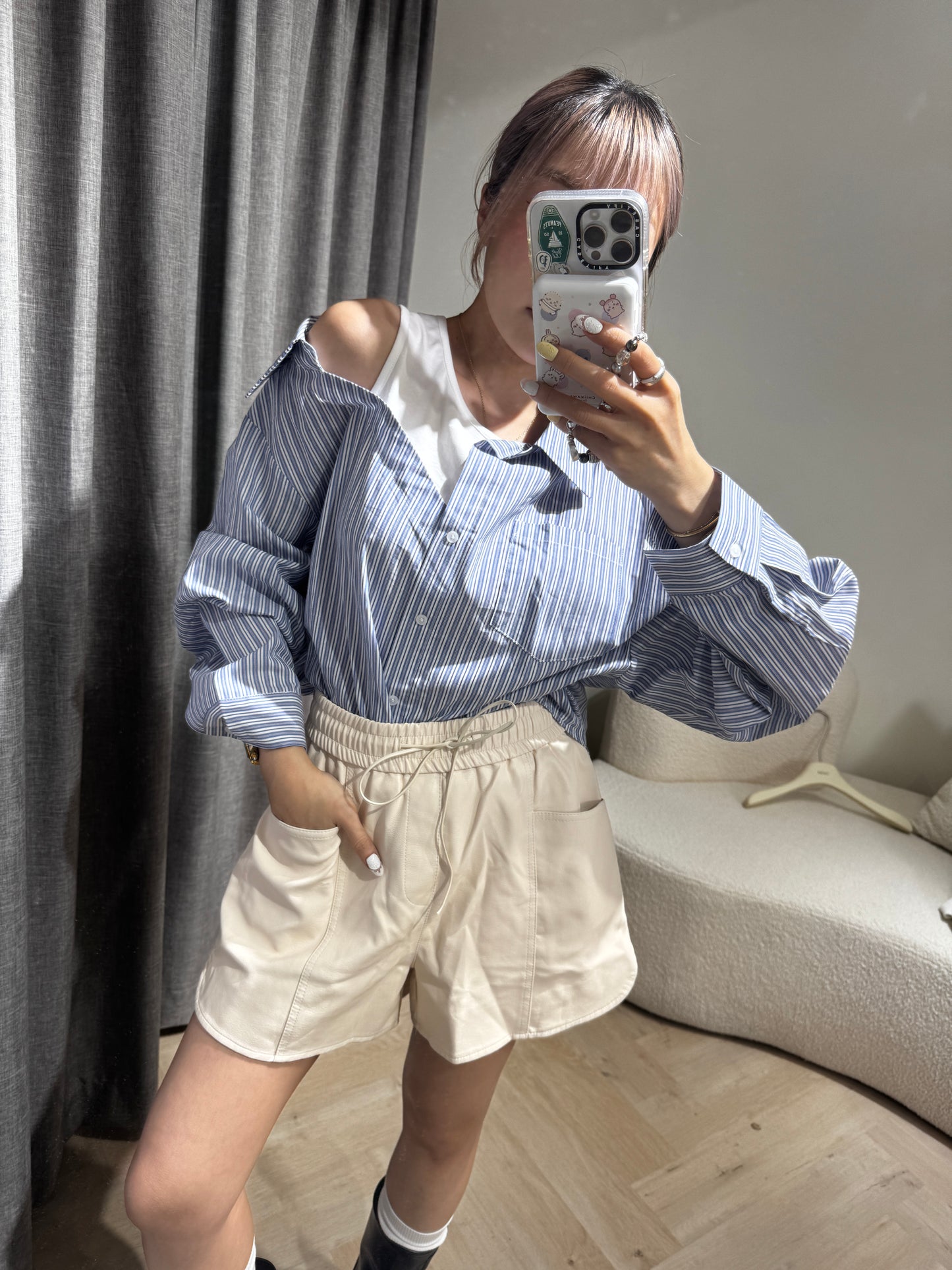 皮繩弧圓腳皮短褲 ( 黑/米/啡 )