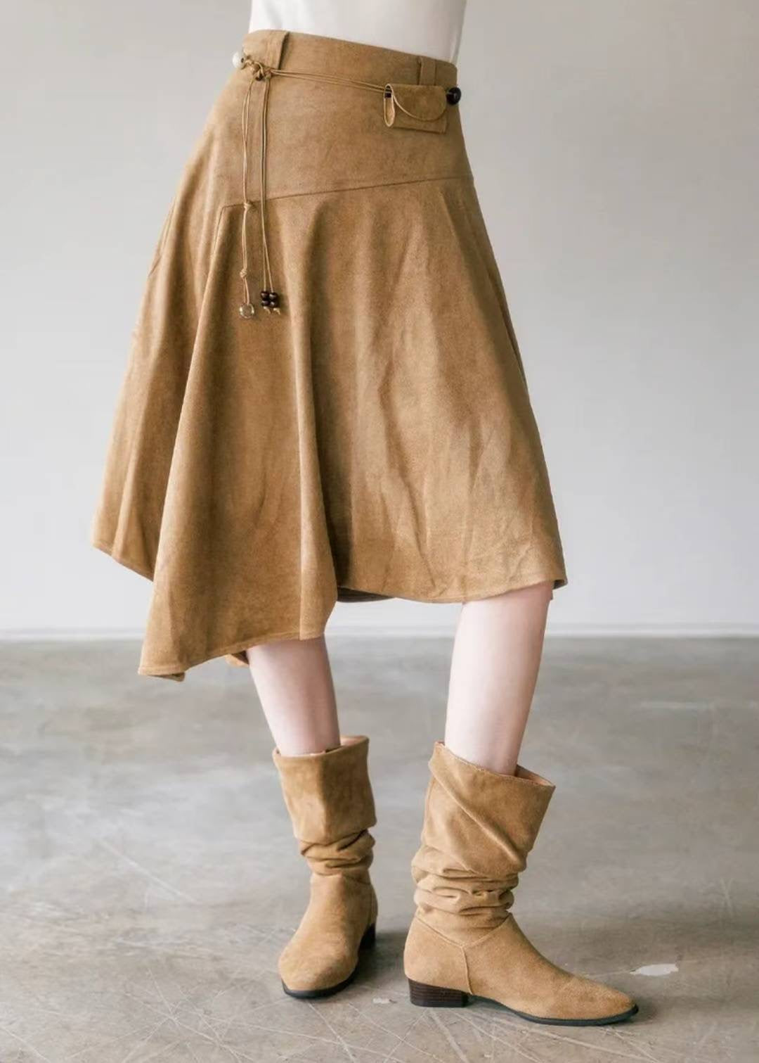 麂布連腰繩不規則長裙 ( 深啡/淺啡 )