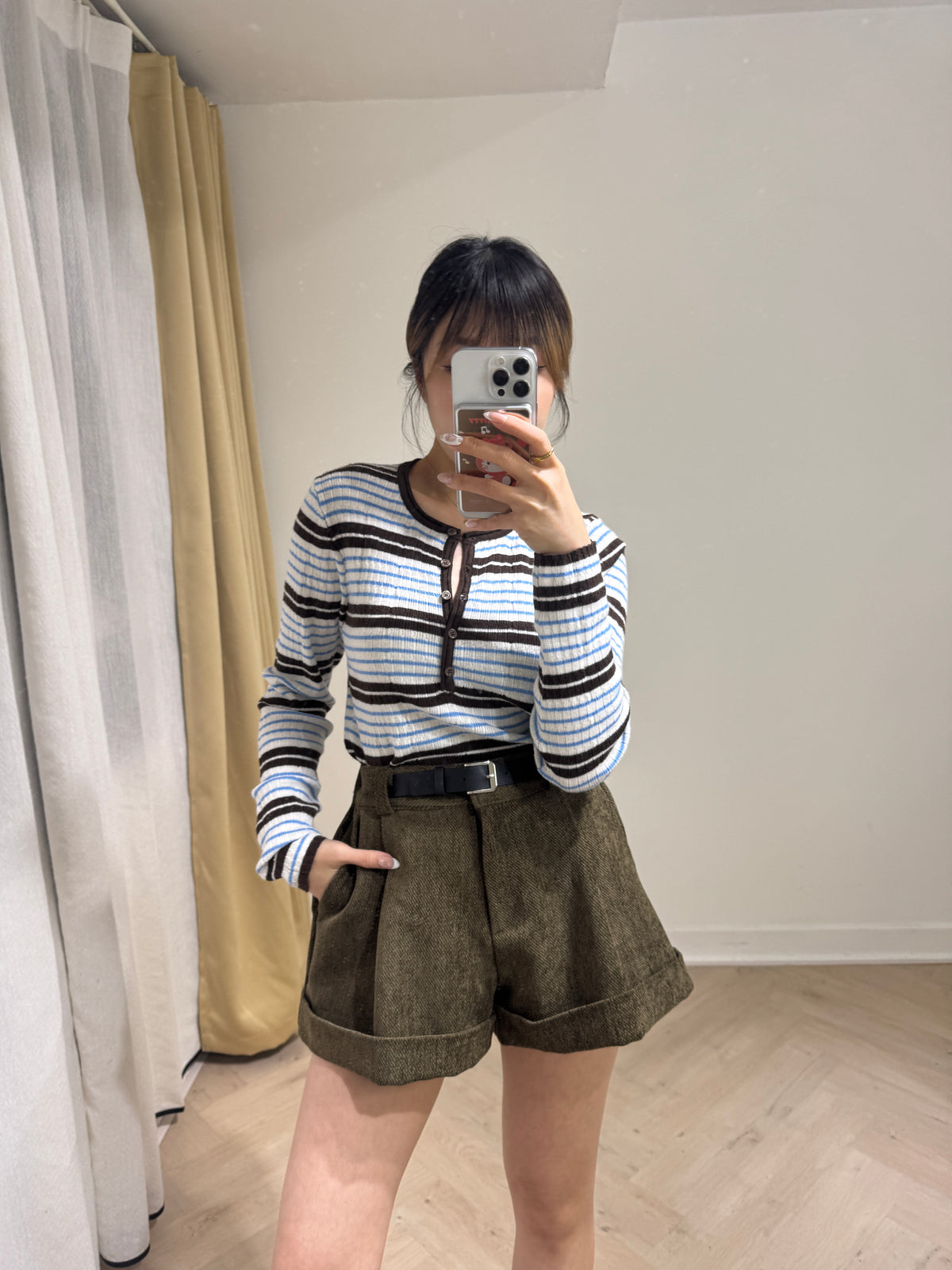 併色間條開鈕線料上衣 ( 啡/酒紅/深藍 )