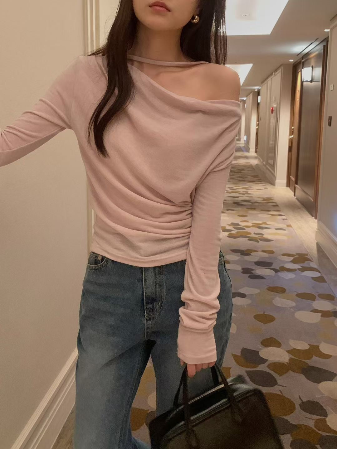 垂領幼繩彈性上衣 ( 黑/白/粉/深灰 )