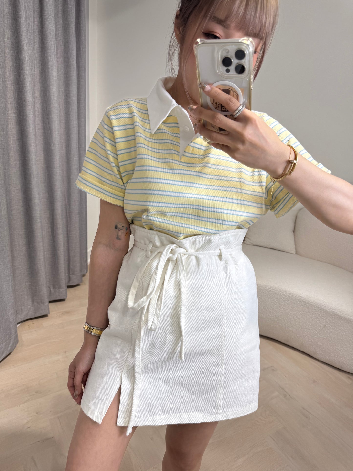 明線綁繩開叉短裙 ( 黑/白 ）