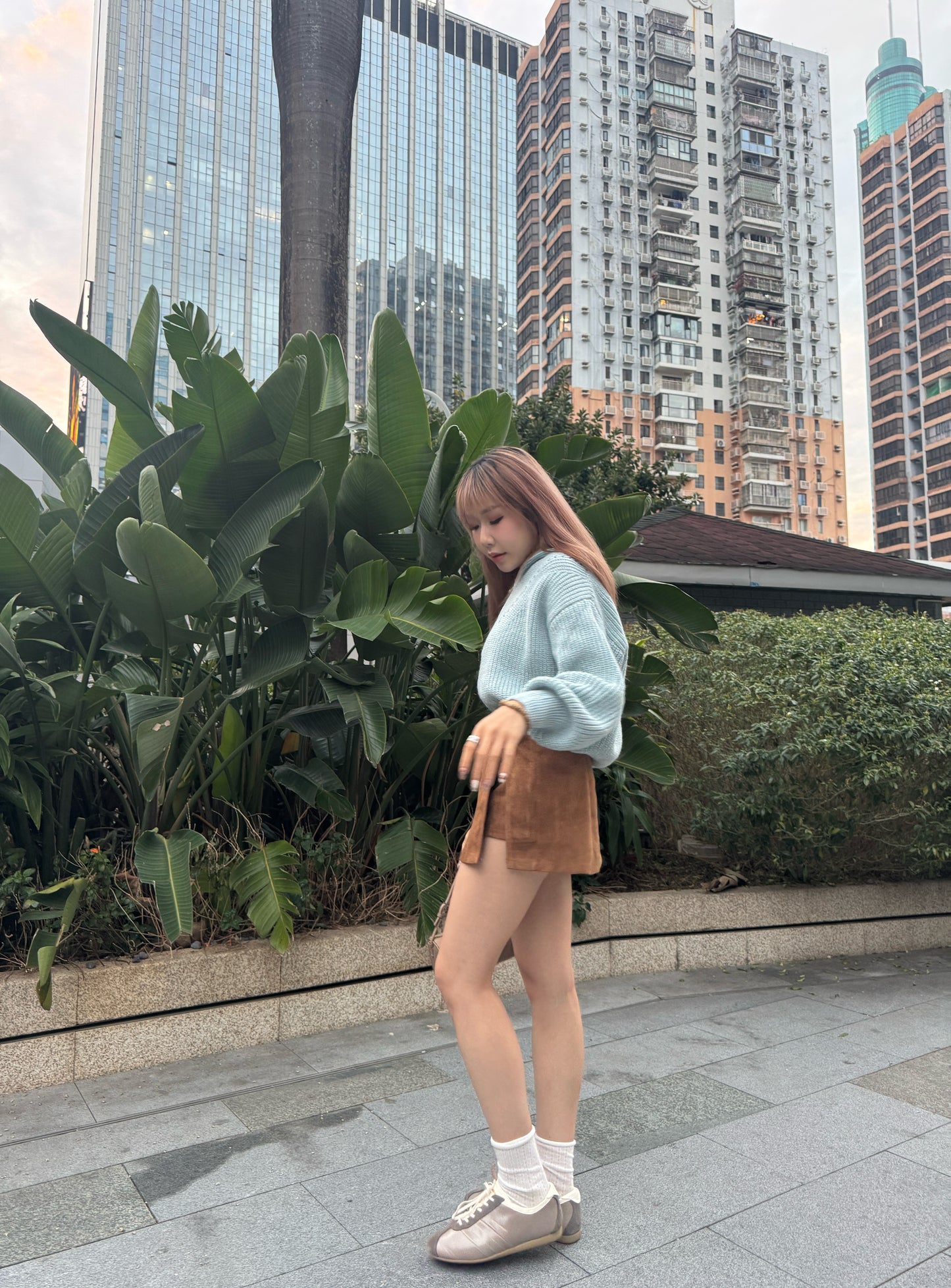 連BELT麂布開叉裙褲 ( 灰/啡 )