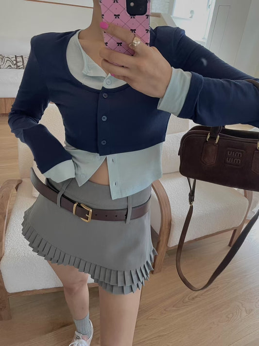 挺西裝料雙層百摺裙褲 ( 灰/啡 )