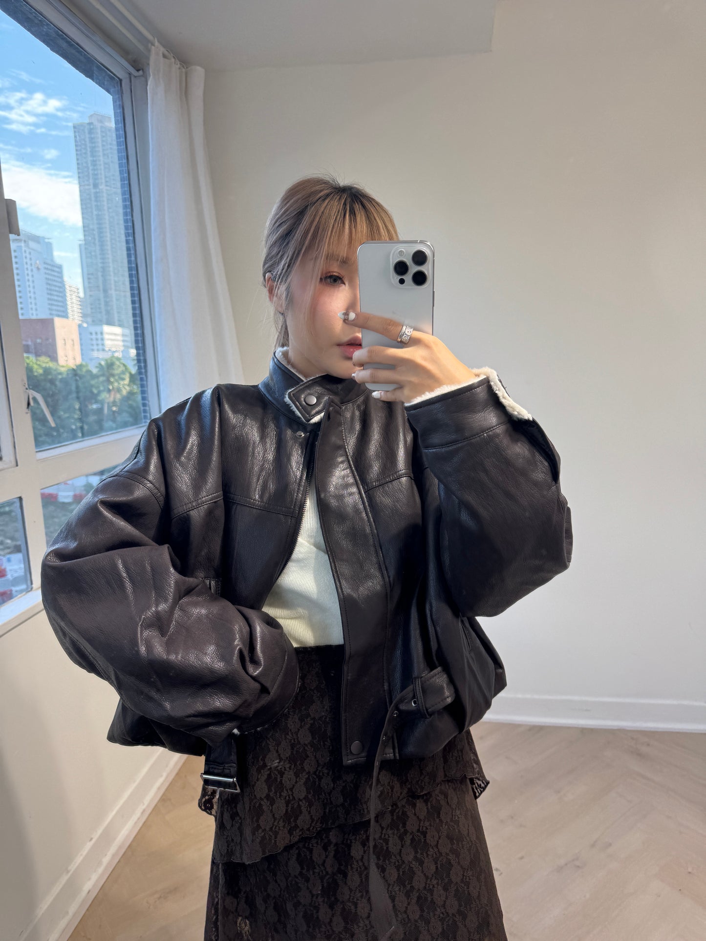 仿皮毛毛BIKER外套 ( 黑/深啡 )