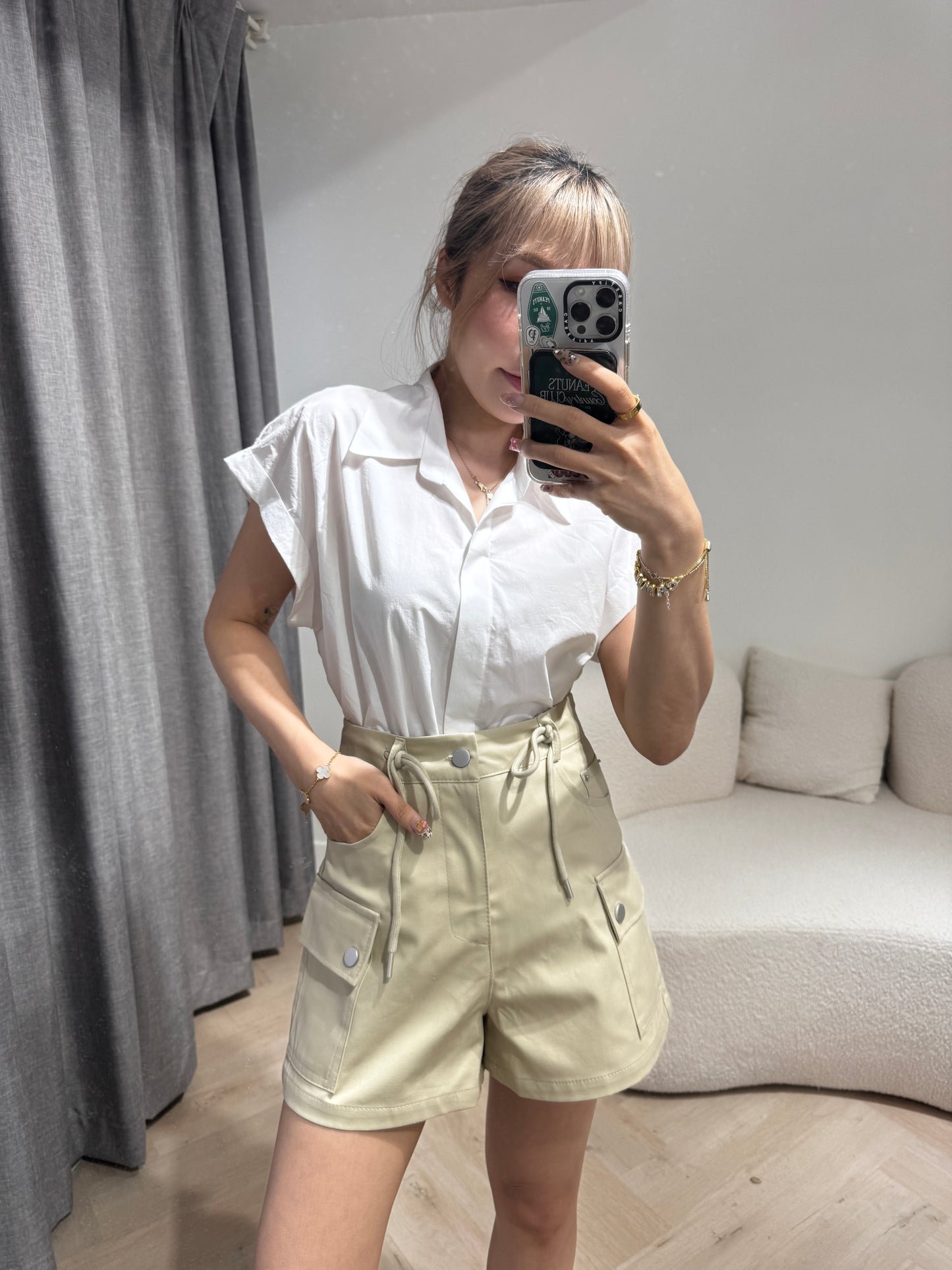 索繩口袋短褲 ( 白/杏 )