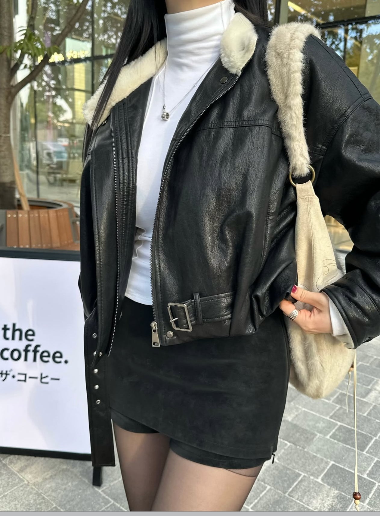 仿皮毛毛BIKER外套 ( 黑/深啡 )