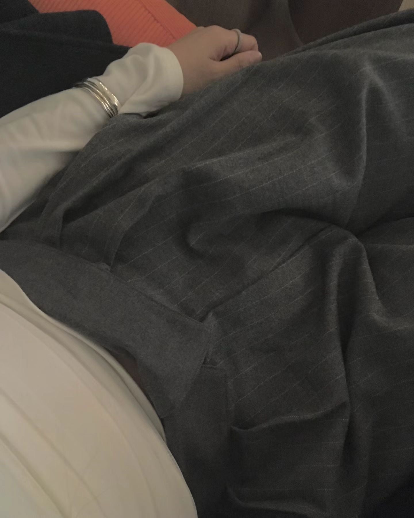 幼直紋羊毛反摺褲頭長褲 ( 灰/黑  )