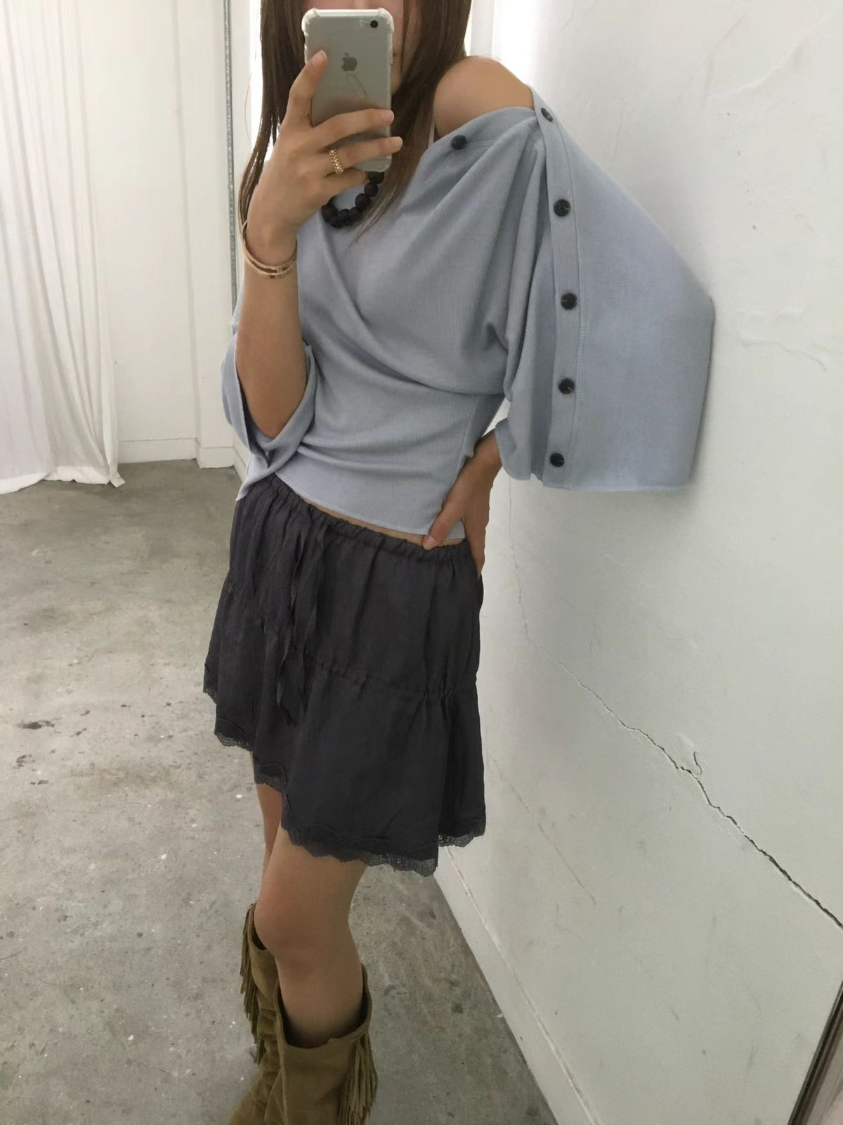 鈕扣闊袖上衣 ( 黑/白/深灰 )