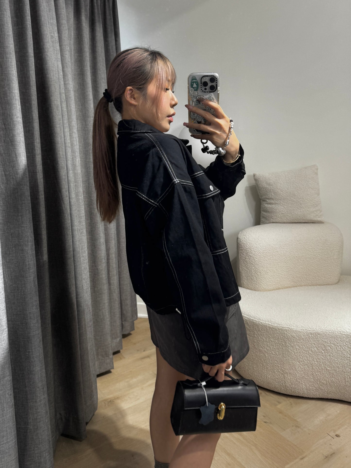 明線薄斜布外套 ( 黑/米 )