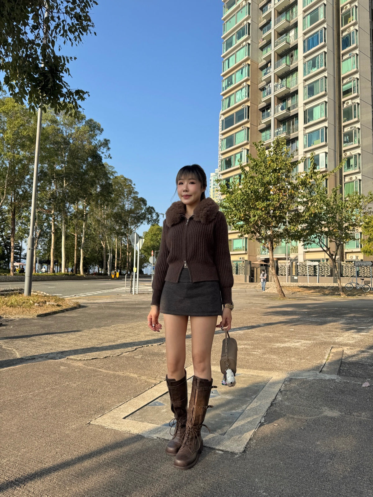 滑毛毛領拉鍊外套 ( 杏/灰/啡 )