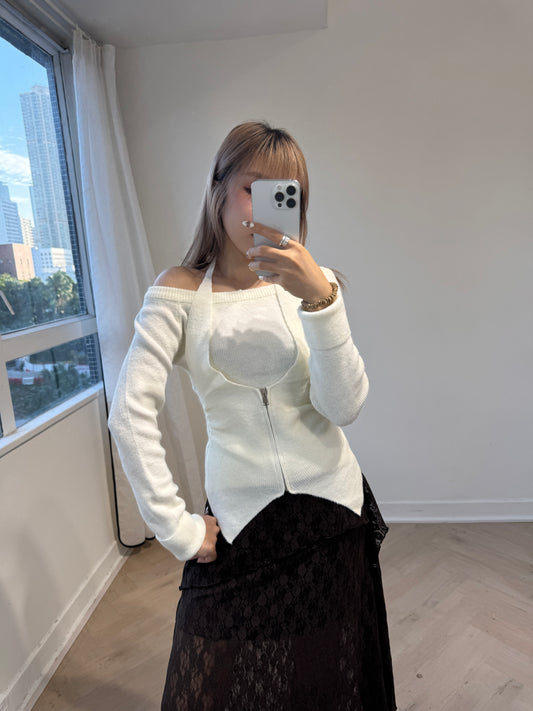 掛頸假兩件尖腳上衣 ( 黑/白/杏/灰 )