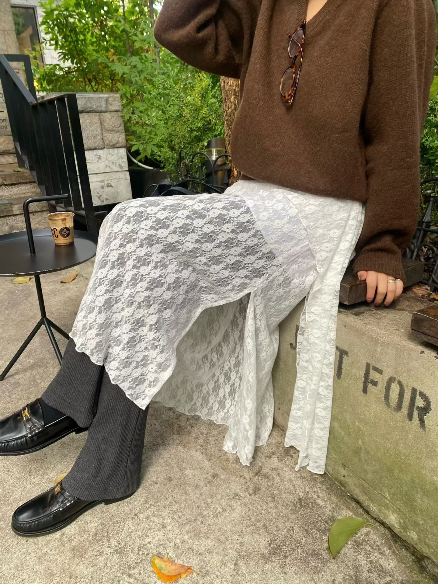 LACE層次開叉長裙 ( 黑/白/啡 )