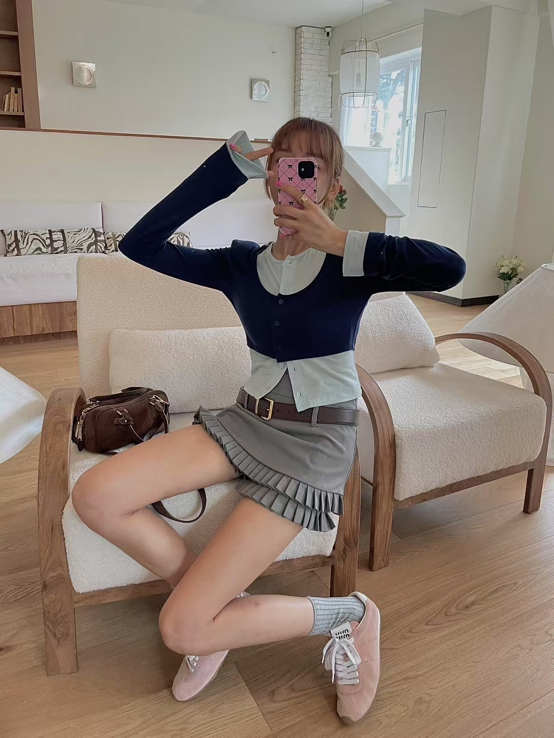 挺西裝料雙層百摺裙褲 ( 灰/啡 )