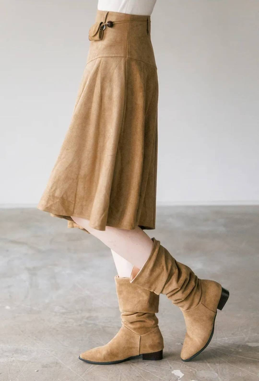 麂布連腰繩不規則長裙 ( 深啡/淺啡 )