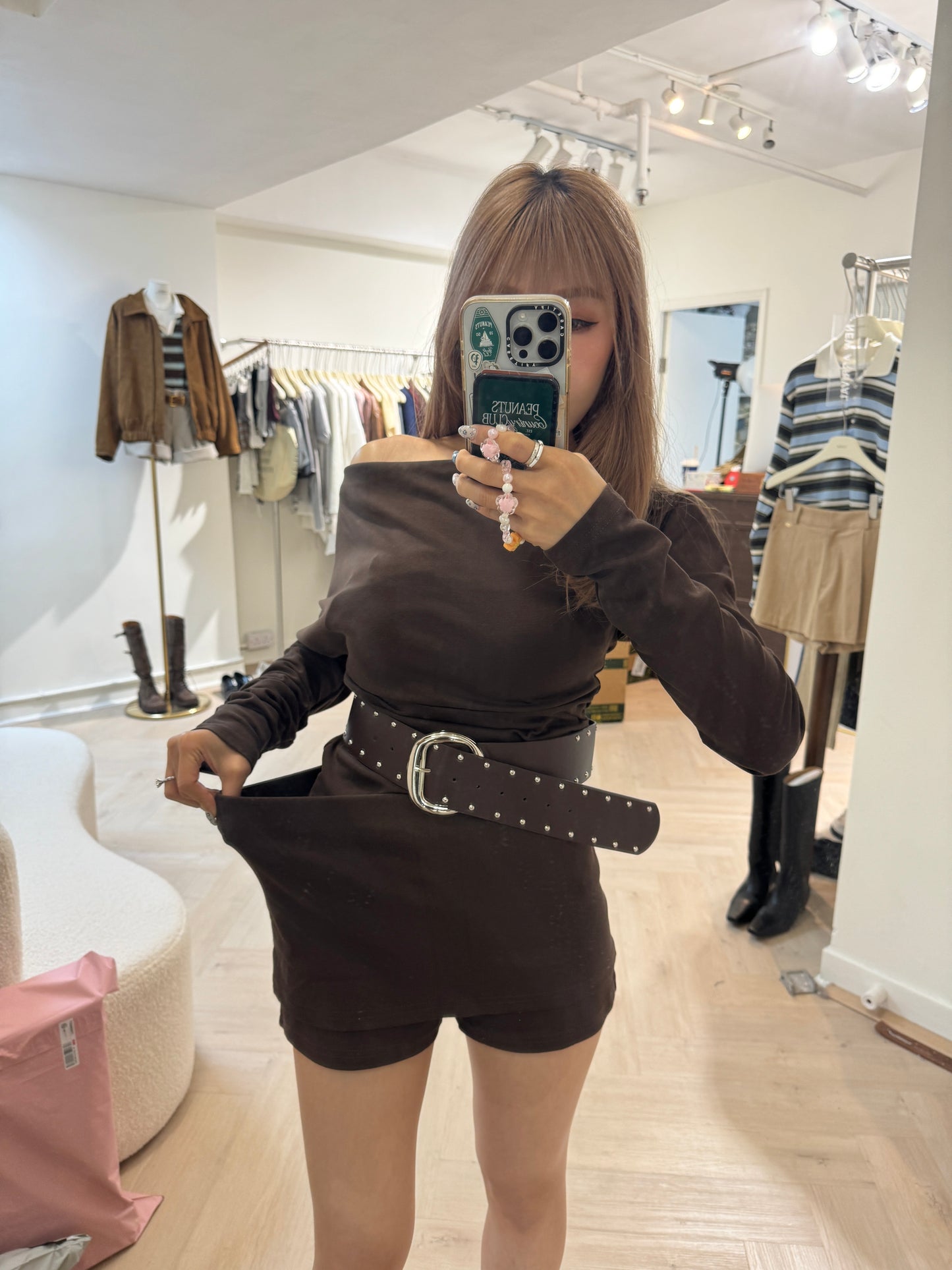 連皮帶棉質上衣 + 裙褲套裝 ( 黑/深啡 )