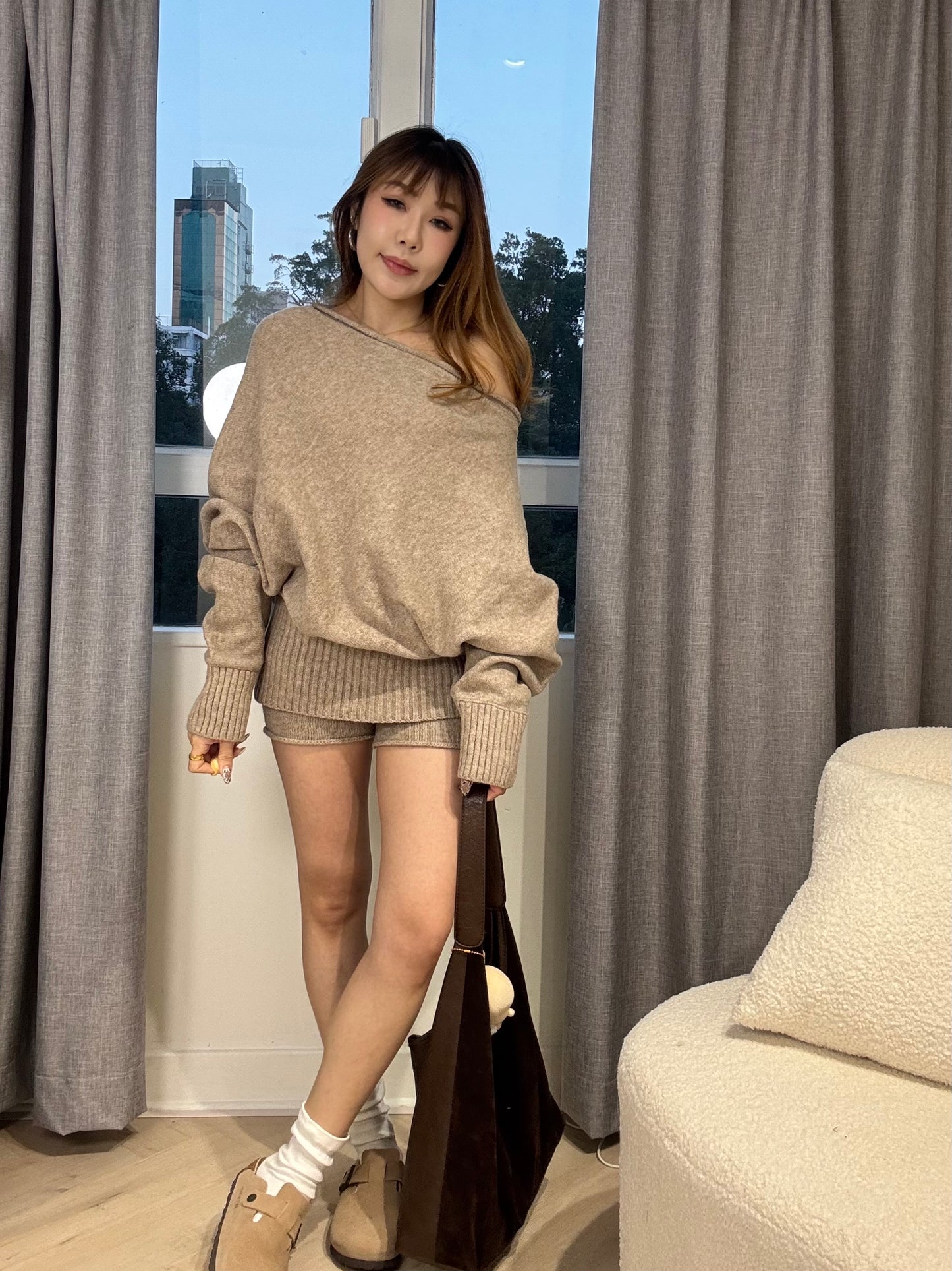 泡泡領冷上衣+短褲套裝SET ( 灰/杏 )