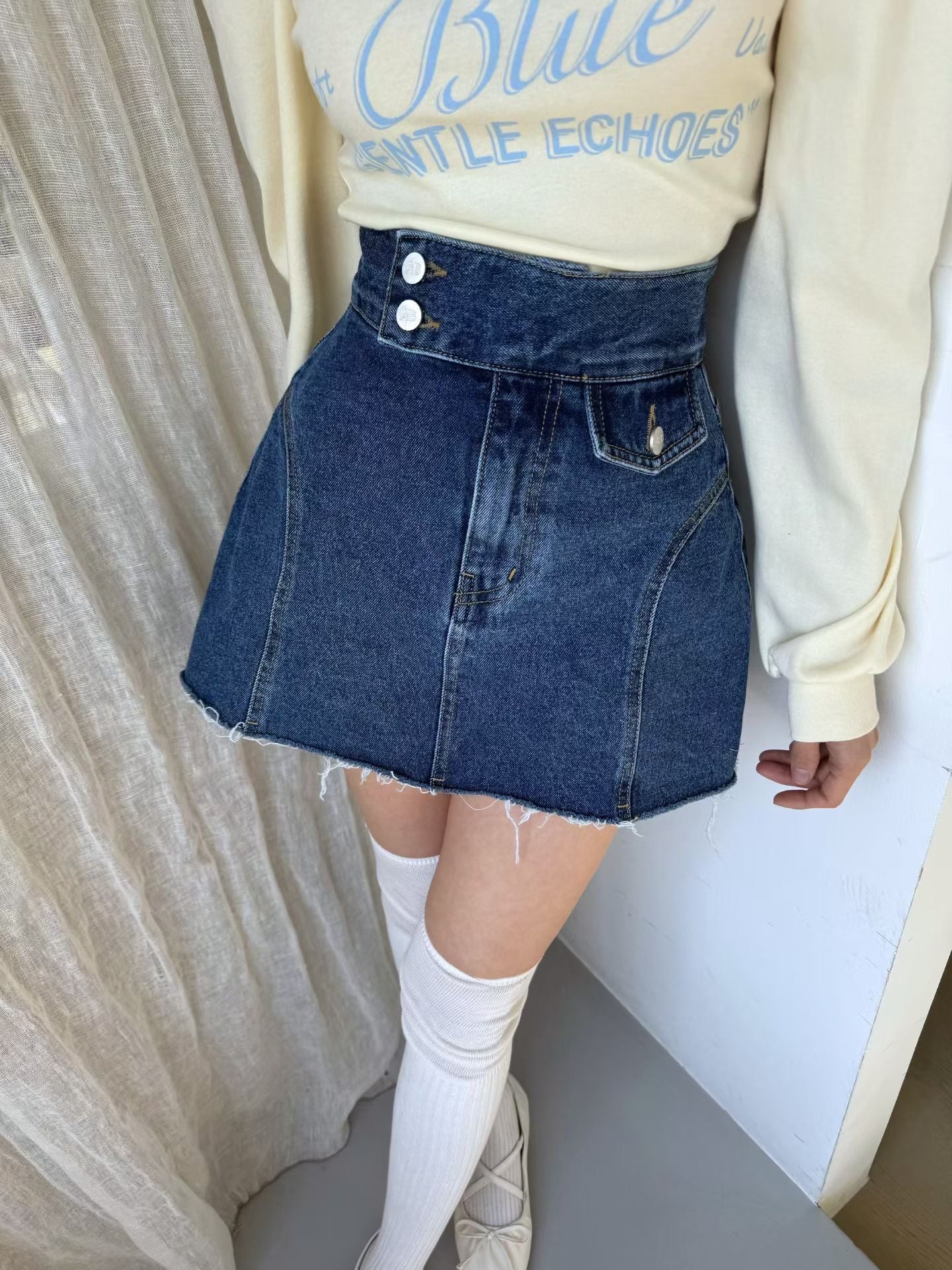 深藍色高腰牛仔裙褲 ( S/M/L )