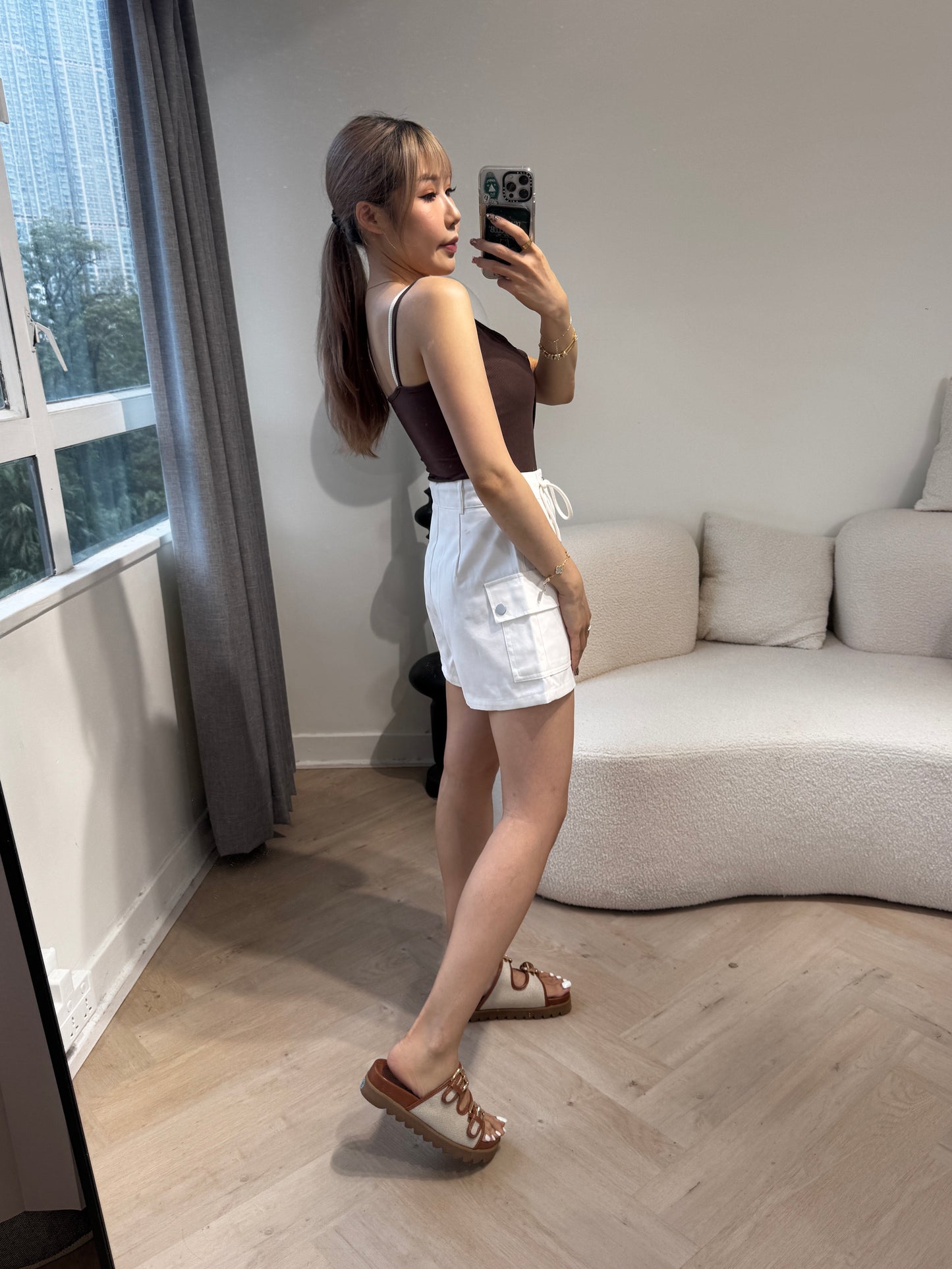 索繩口袋短褲 ( 白/杏 )